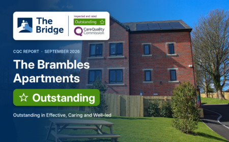 The Brambles Apartments in Brighouse with The Bridge logo and the CQC Outstanding rating badge